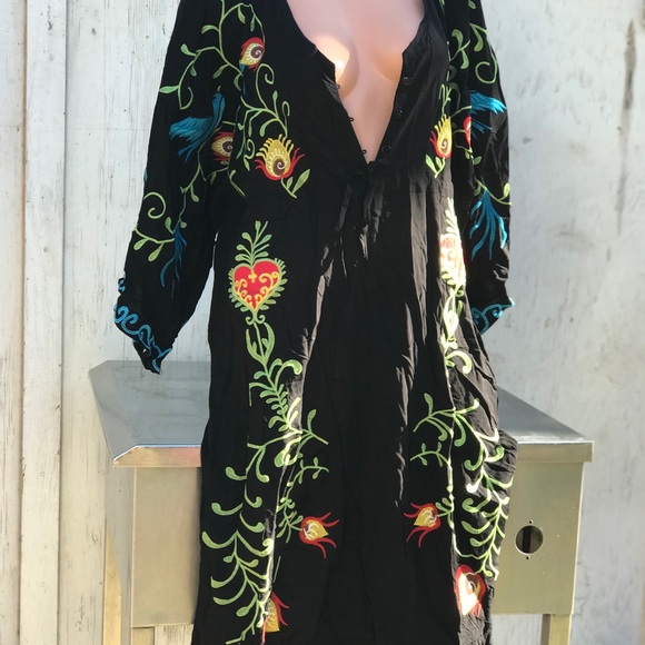 Black bird floral embroidered kaftan Bohemian gypsy magical poncho robe dress - Picture 3 of 8